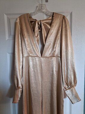 Free People Nadia Satin Cutouts Open Back Gold Jumpsuit